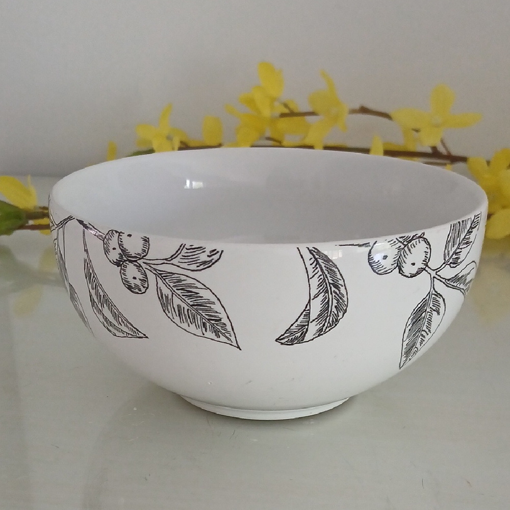 222 Fifth ADERYN B&W Cereal Bowl Bird Berries Branch